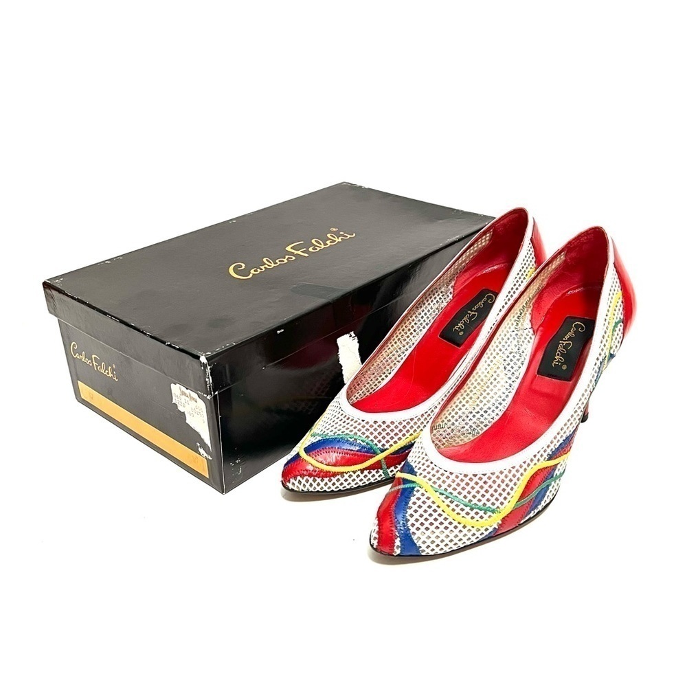 Vintage 1980s white leather illusion netting primary color stripe appliqué heels - Picture 6 of 8